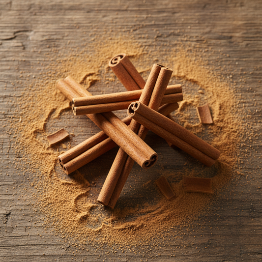 A pile of whole cinnamon sticks with scattered cinnamon powder on a rustic wooden surface.