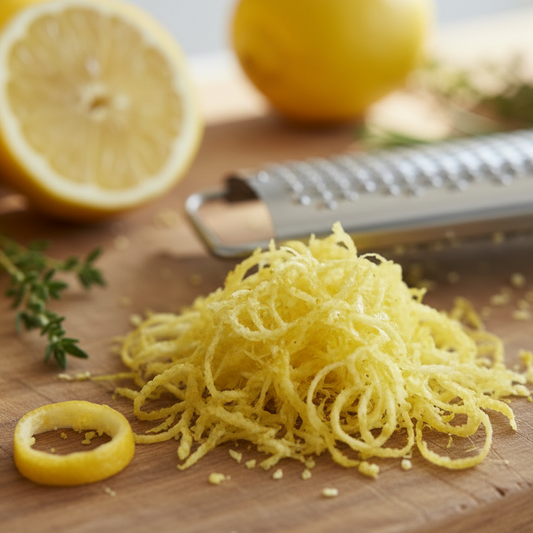 A pile of freshly grated yellow lemon zest sits on a wooden cutting board, with a metal microplane grater nearby, whole and halved lemons, and a sprig of thyme in the background.