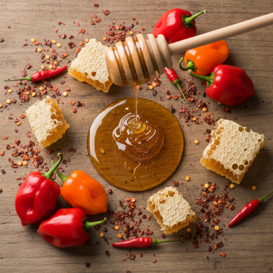 A styled overhead shot of raw honeycomb, dripping golden honey in a pool, a wooden honey dipper, and scattered red and orange chili peppers on a rustic wooden surface.