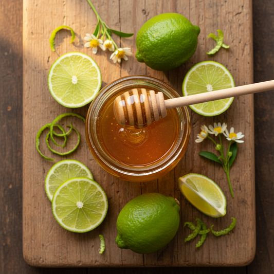 A glass jar of golden honey on a wooden cutting board, surrounded by fresh limes, lime slices, lime zest, and small white daisy flowers. A wooden honey dipper rests in the jar, and the scene is photographed from above on a dark rustic wooden surface.