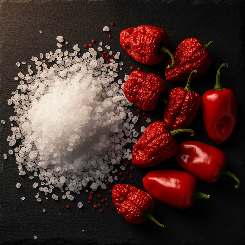 Red wrinkled chili peppers and a mound of coarse white sea salt arranged on a dark slate surface.