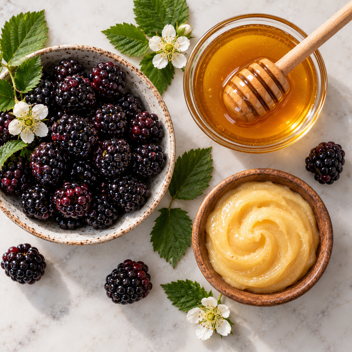 A styled flat-lay of a blackberry and honey product, featuring a bowl of fresh blackberries with white flowers, a bowl of smooth golden honey, and a bowl of blackberry jam on a light marble surface.
