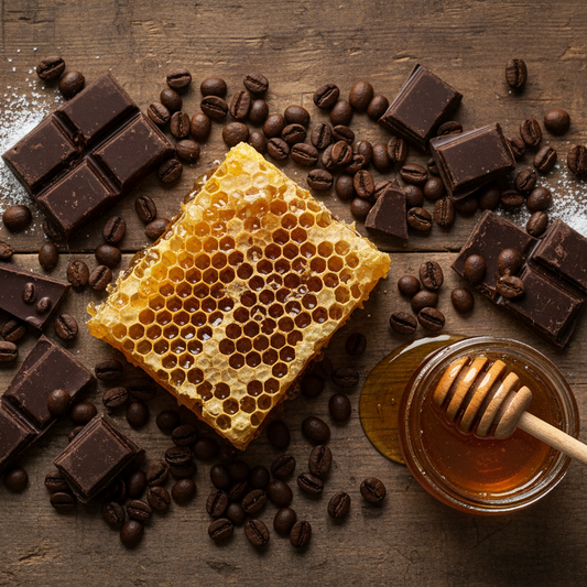 A square piece of honeycomb topped with golden honey, arranged on a rustic wooden surface with scattered dark chocolate pieces, coffee beans, a small glass jar of honey, and a wooden honey dipper.