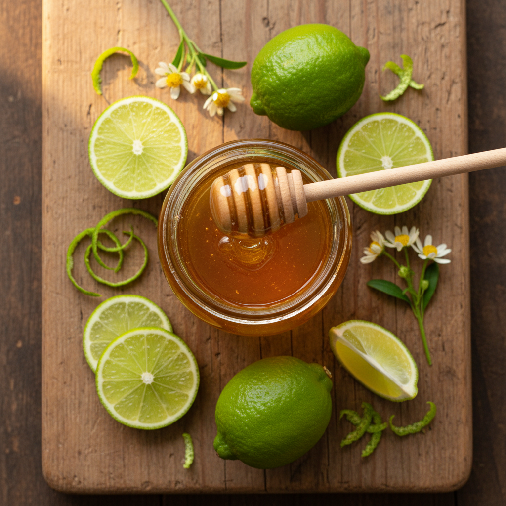 A glass jar of golden honey on a wooden cutting board, surrounded by fresh limes, lime slices, lime zest, and small white daisy flowers. A wooden honey dipper rests in the jar, and the scene is photographed from above on a dark rustic wooden surface.