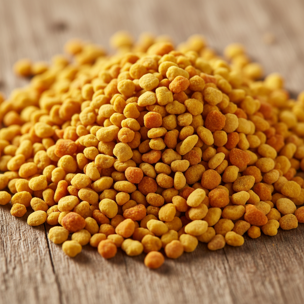 A pile of small, round, golden-yellow granules, likely insect or bird bait, resting on a rustic wooden surface.