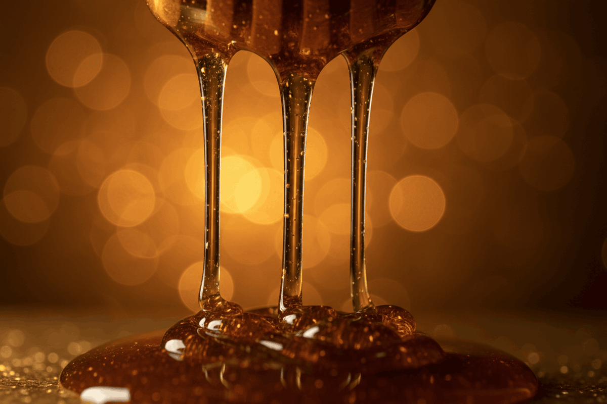 Close-up of golden honey dripping in three streams from a glass container onto a reflective surface, with warm amber bokeh lights in the background.