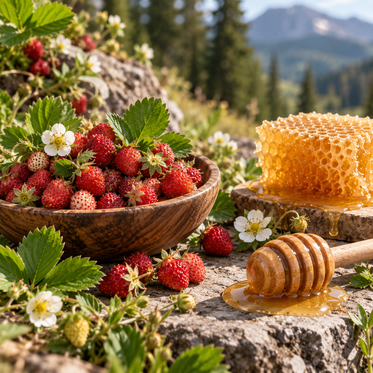 A rustic outdoor scene showing a wooden bowl filled with fresh red strawberries and green leaves, alongside a honey dipper with dripping honey and a piece of honeycomb on a stone surface. Wild strawberry plants and a blurred mountain landscape are in the background.